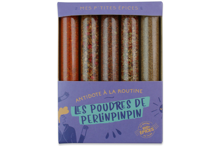 Coffret 5 mini tubes d'&eacute;pices Le Monde en Tube Mes p'tites &eacute;pices les poudres de perlinpinpin