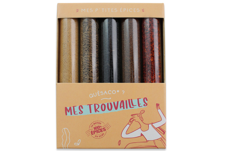 Coffret 5 mini tubes d'&eacute;pices Le Monde en Tube Mes p'tites &eacute;pices Mes trouvailles