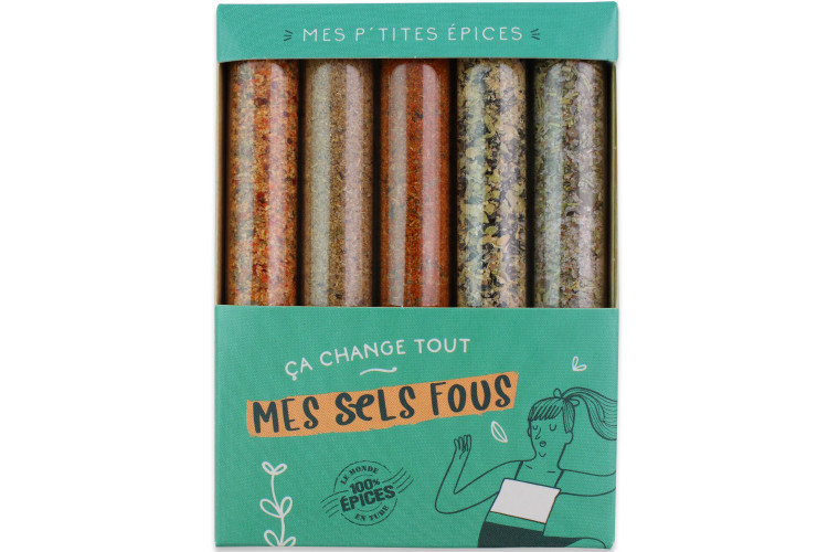 Coffret 5 mini tubes d'&eacute;pices Le Monde en Tube Mes p'tites &eacute;pices Mes sels fous