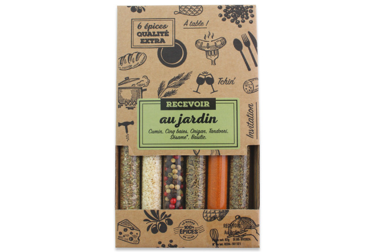 Coffret 6 tubes d'&eacute;pices Le Monde en Tube Recevoir au jardin + recettes