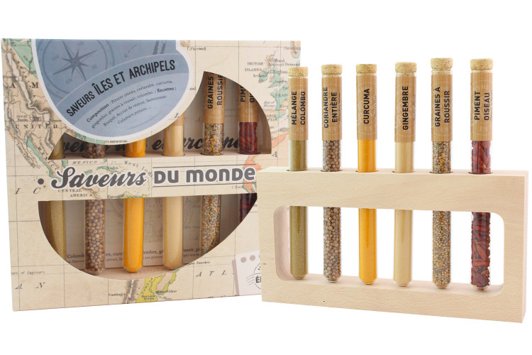 Coffret 6 &eacute;pices en tube Le Monde en Tube Saveurs des &icirc;les et archipels + support bois