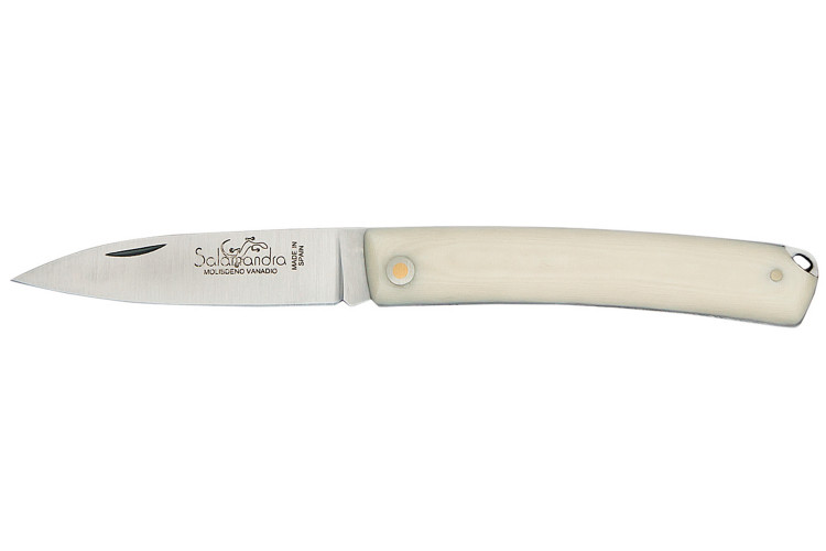 Couteau pliant artisanal Salamandra manche micarta blanc 10cm + &eacute;tui