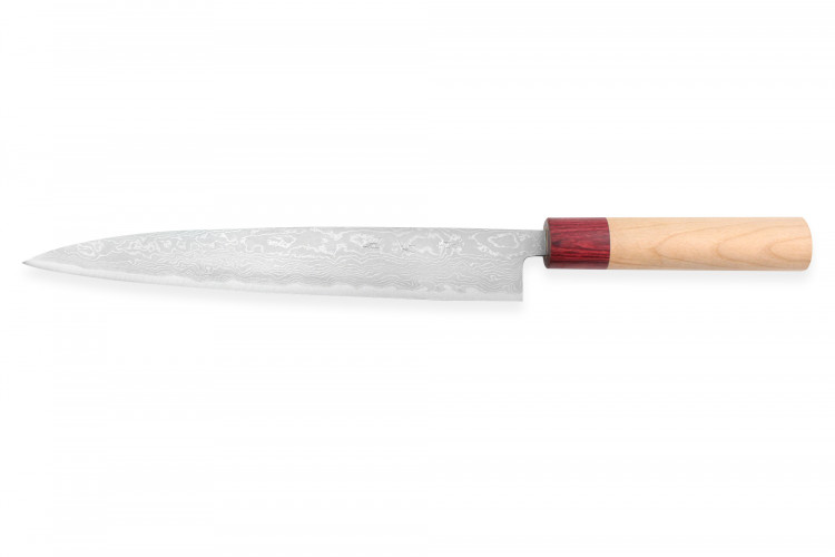 Couteau yanagiba japonais artisanal Kajiwara Suminagashi 33 couches 24cm