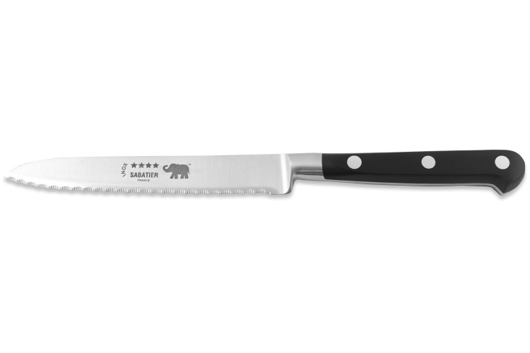 Couteau &agrave; tomates Sabatier &Eacute;l&eacute;phant Id&eacute;al Forg&eacute; microdent&eacute; 13cm manche nylon noir