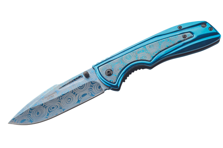 Couteau pliant Herbertz 586312 manche acier inox/titane bleu motif damass&eacute; 11,4cm