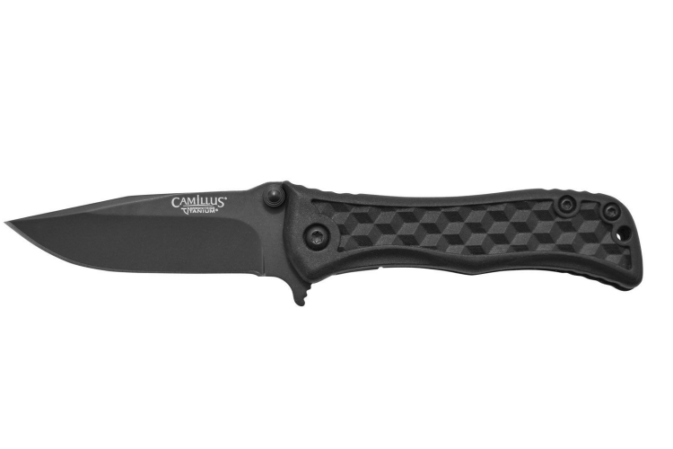 Couteau pliant Camillus Erupt manche en nylon noir et fibres de verre &agrave; motif cubique 7,8cm