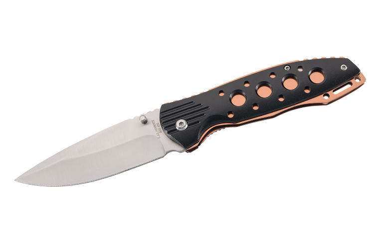 Couteau pliant Herbertz 568411 manche ajour&eacute; en alu noir / plaquette inox bronze 11,5cm