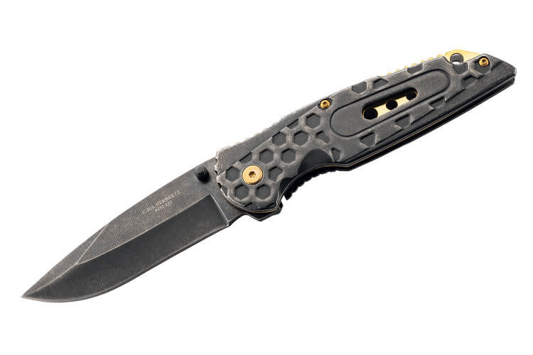 Couteau pliant Herbertz 584612 manche avec index cranté stonewashed sombre tout inox 12cm