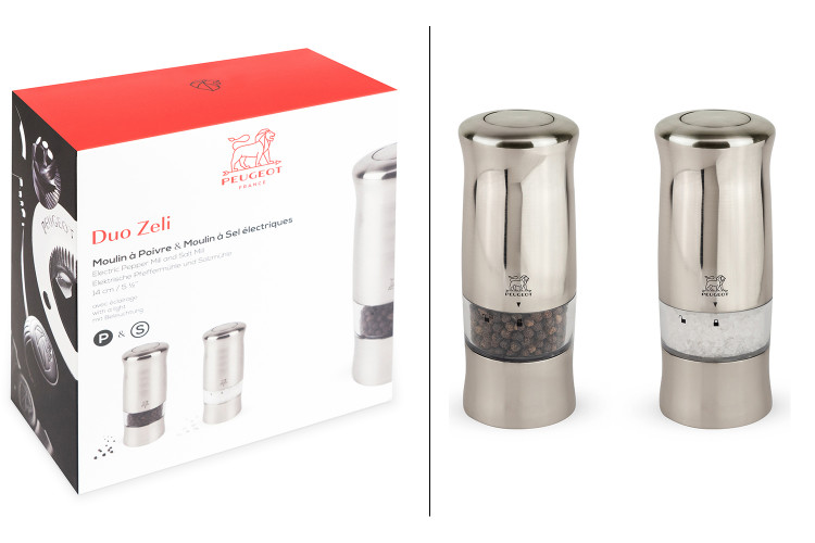 Coffret duo de moulins &eacute;lectriques &agrave; sel et &agrave; poivre Peugeot Zeli 14cm en ABS bross&eacute;