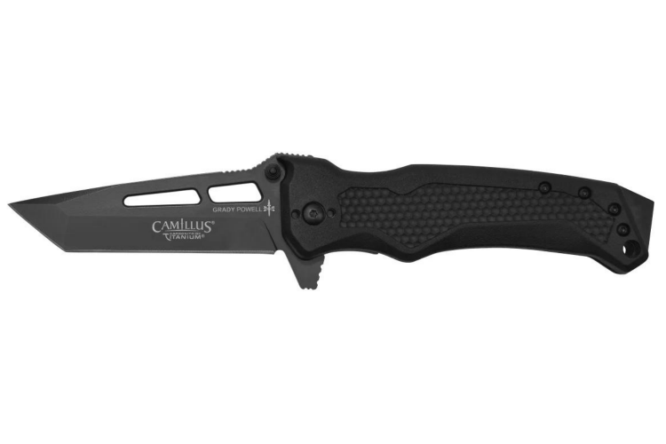 Couteau pliant Camillus GB-8B lame Tanto manche en nylon renforc&eacute; de fibres de verre noir 12cm