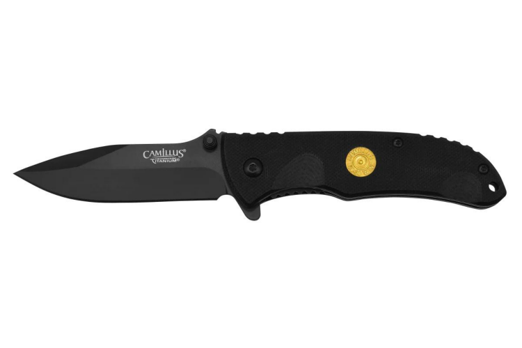 Couteau pliant Camillus Centerfire 30-30 manche en G10 noir 10,2cm et fond de balle int&eacute;gr&eacute;