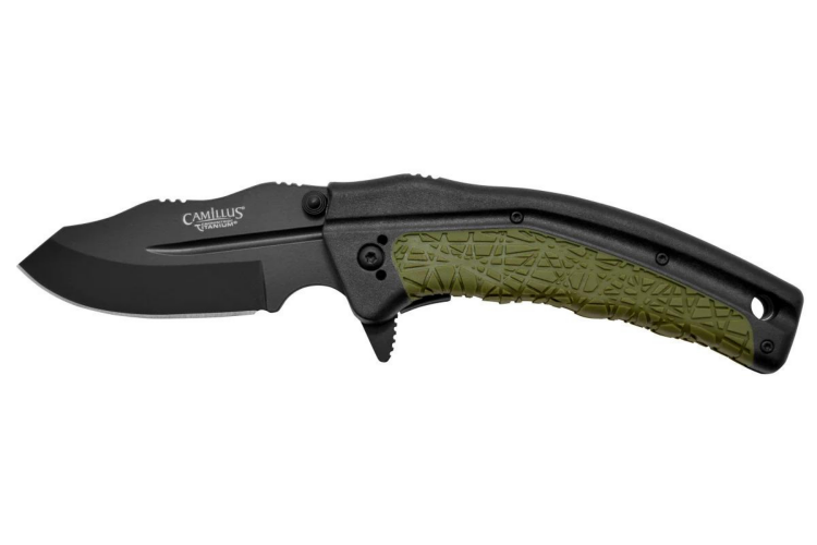 Couteau pliant Camillus FK-7.5 manche en nylon renforc&eacute; de verre/caoutchouc thermoplastique noir et vert 11,4cm