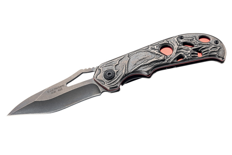 Couteau pliant Herbertz 591912 tout acier inox stonewashed d&eacute;cor t&ecirc;te de mort 11,8cm