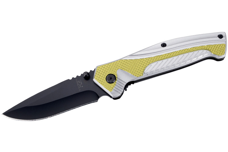 Couteau pliant Herbertz 566311 lame noire et manche aluminium argent&eacute; / jaune 11,4cm