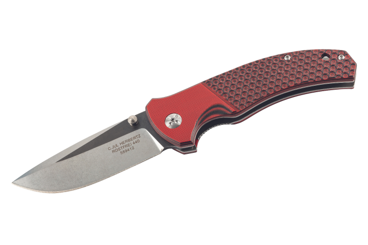 Couteau pliant Herbertz 589412 manche en G10 rouge texture antid&eacute;rapante 11,7cm + &eacute;tui
