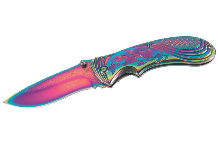 Couteau pliant Herbertz 577910 manche en acier inox avec rev&ecirc;tement titane arc-en-ciel 10cm