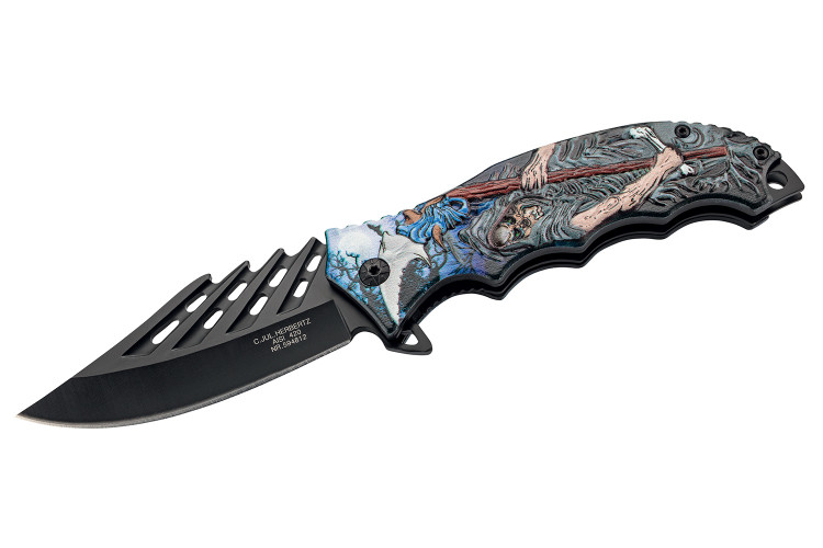 Couteau pliant Herbertz 594812 lame ajour&eacute;e et manche ergonomique alu motif faucheuse 12cm