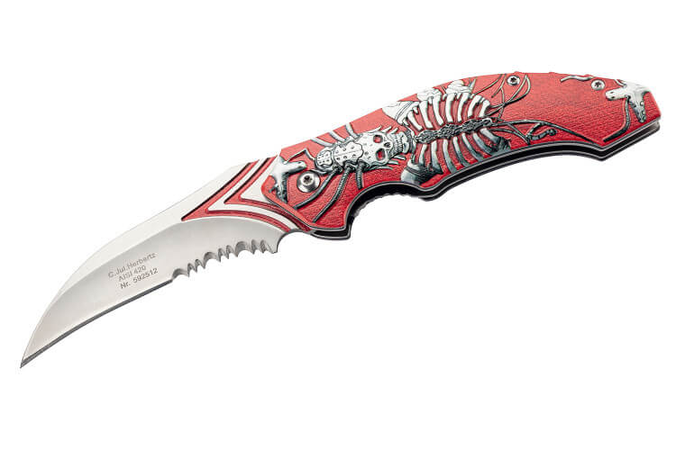 Couteau pliant Herbertz 592512 lame semi-dentée manche alu motif squelette cybernétique 11,5cm
