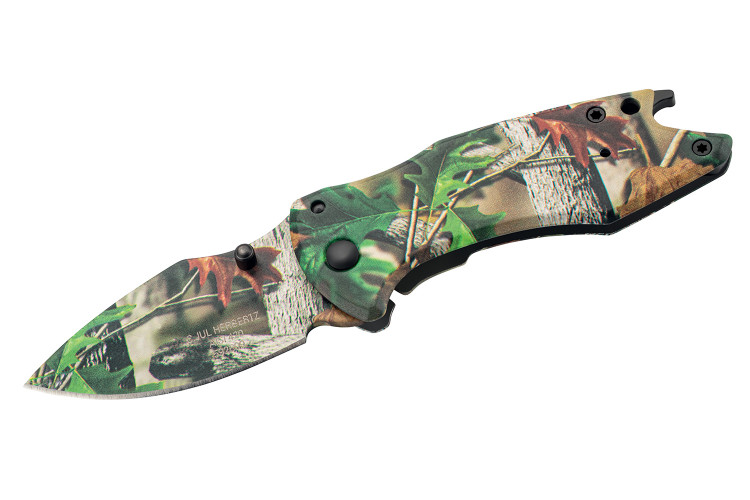 Couteau pliant Herbertz 592609 tout inox motif nature photor&eacute;aliste 9cm + d&eacute;capsuleur