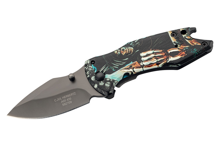 Couteau pliant Herbertz 592709 tout inox motif "Grim Reaper" la grande faucheuse 9cm + d&eacute;capsuleur