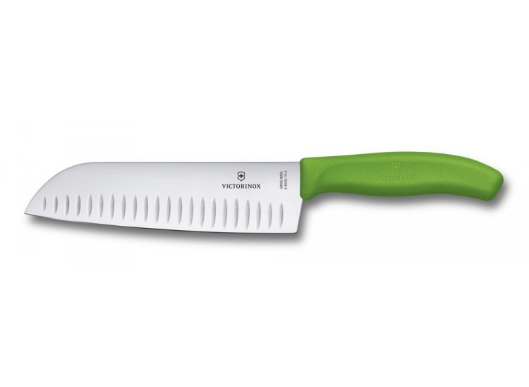 Couteau Santoku lame alv&eacute;ol&eacute;e inox 17cm manche vert Victorinox 6.8526.17L4