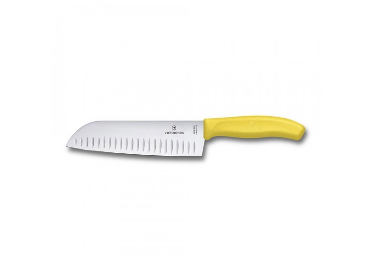 Couteau Santoku lame alv&eacute;ol&eacute;e inox 17cm manche jaune Victorinox 6.8526.17L8