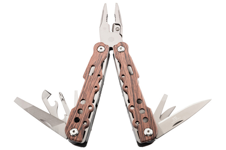 Pince multifonction Herbertz 106800 8 pi&egrave;ces inox rev&ecirc;tement titane manche fa&ccedil;on bois + &eacute;tui nylon