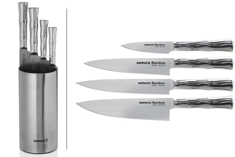 Bloc de 4 couteaux Samura Bamboo tout inox AUS8 : Office + Universel + Trancher + Chef
