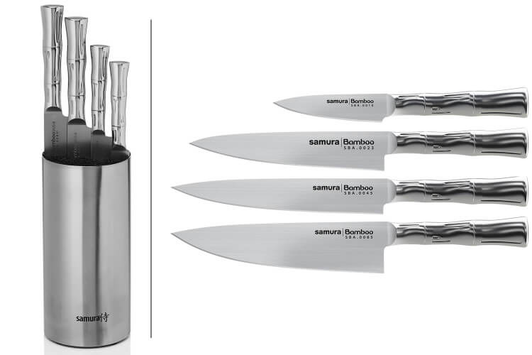 Bloc de 4 couteaux Samura Bamboo tout inox AUS8 : Office + Universel + Trancher + Chef