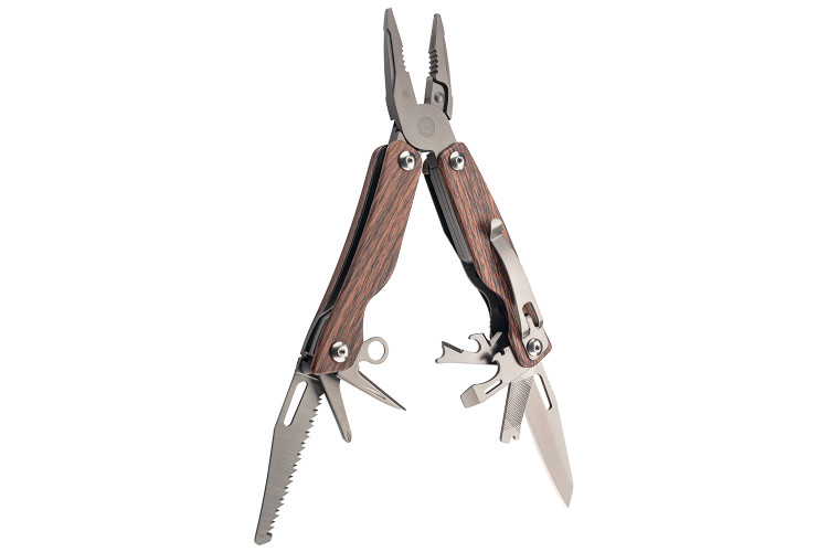 Pince multifonction Herbertz 106700 9 pi&egrave;ces inox rev&ecirc;tement titane manche aspect bois 10,2cm + &eacute;tui nylon
