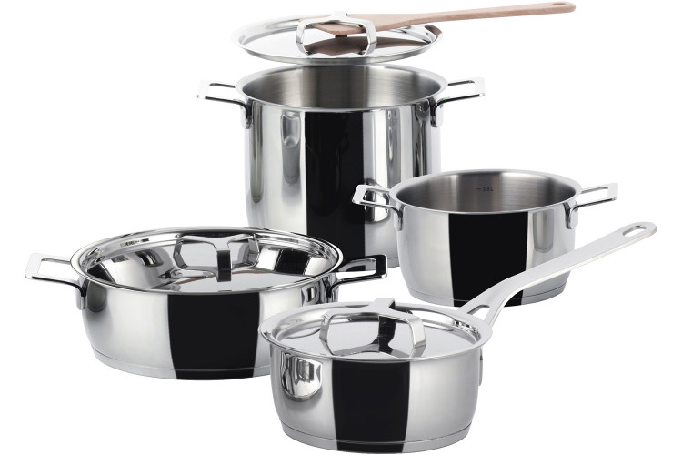 Batterie de cuisine Alessi Pots&Pans 7 pi&egrave;ces tout inox 18/10 design par Jasper Morrison