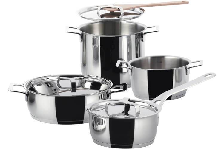 Batterie de cuisine Alessi Pots&Pans 7 pièces tout inox 18/10 design par Jasper Morrison
