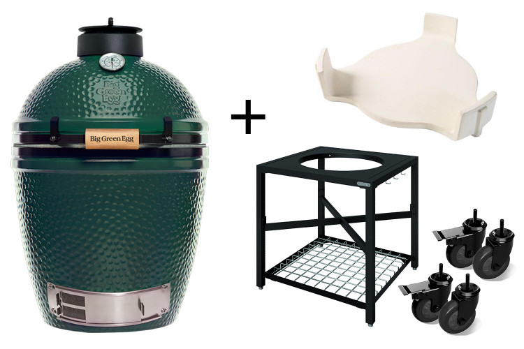 Pack Big Green Egg Medium barbecue + convEGGtor + table modulaire + 4 roulettes