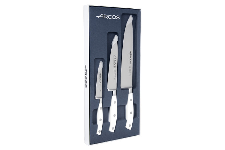 Coffret 3 couteaux Arcos Riviera White forg&eacute;s : 1 Office + 2 Cuisines (15cm / 20cm)