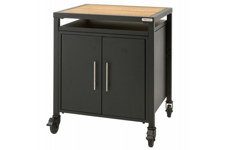 Meuble placard Big Green Egg avec plateau en acacia et 4 roulettes
