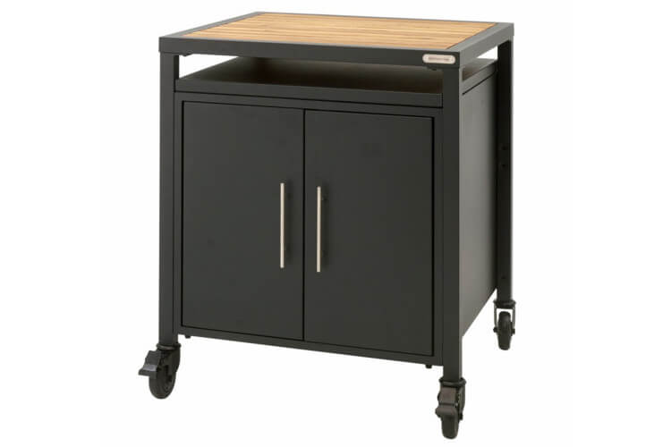 Meuble placard Big Green Egg avec plateau en acacia et 4 roulettes