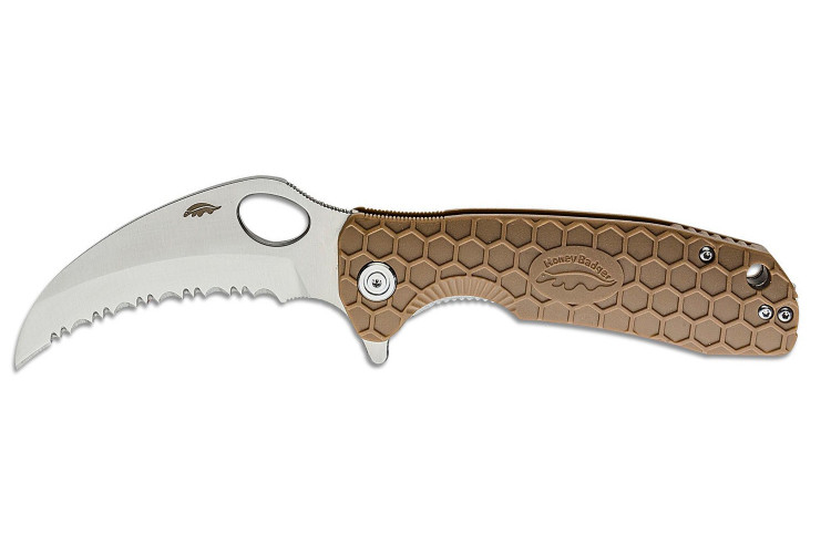 Couteau pliant Honey Badger Claw Serrated Large 01HO034 lame karambit dent&eacute;e manche en FRN tan 11,7cm