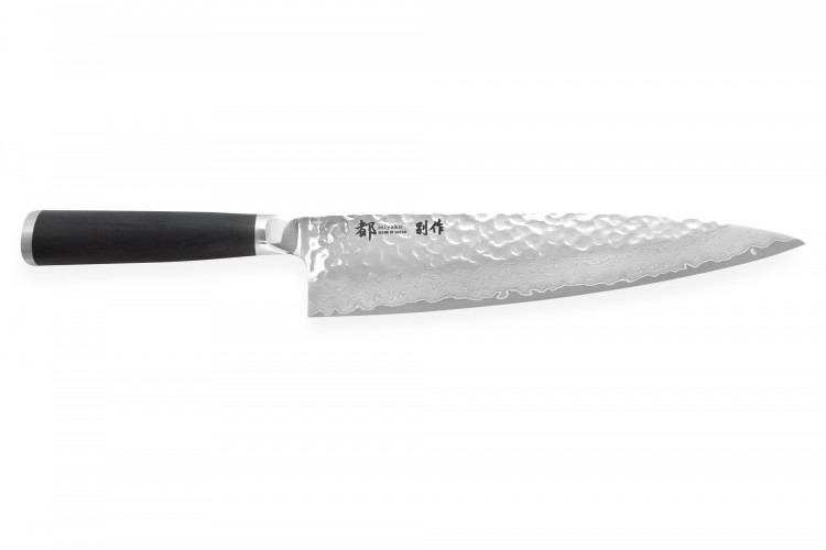 Couteau de chef japonais Shizu Hamono Bessaku Miyako martel&eacute; damas 33 couches 24cm