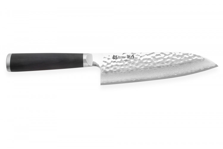 Couteau santoku japonais Shizu Hamono Bessaku Miyako martel&eacute; damas 33 couches 18cm