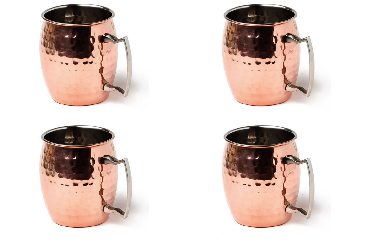Lot de 4 mugs martel&eacute;s Quai Sud en inox plaqu&eacute; cuivre