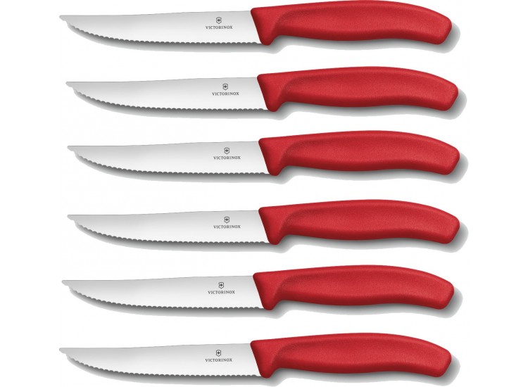 6 Couteaux &agrave; steak Victorinox lame crant&eacute;e 12cm manche rouge