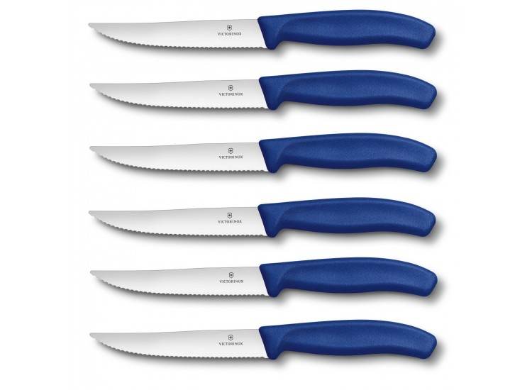 6 Couteaux &agrave; steak Victorinox lame crant&eacute;e 12cm manche bleu