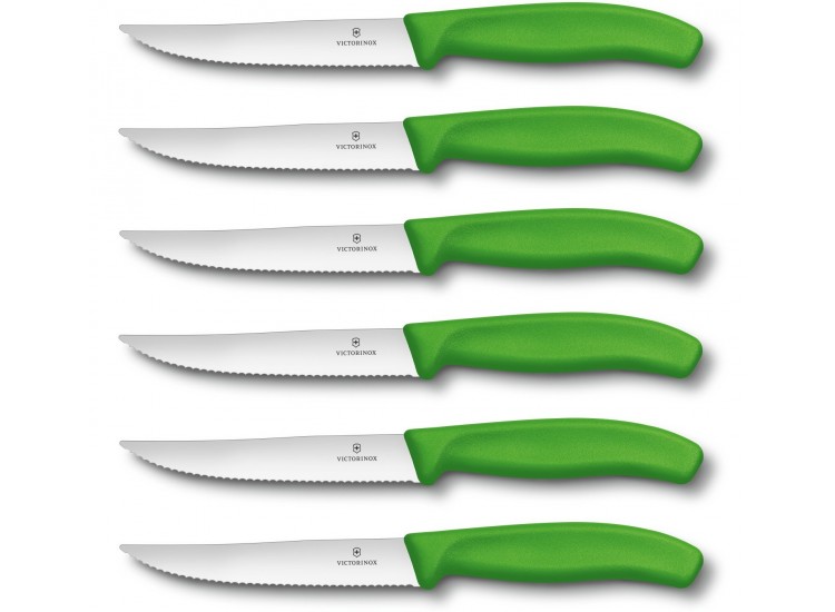 6 Couteaux &agrave; steak Victorinox lame crant&eacute;e 12cm manche vert