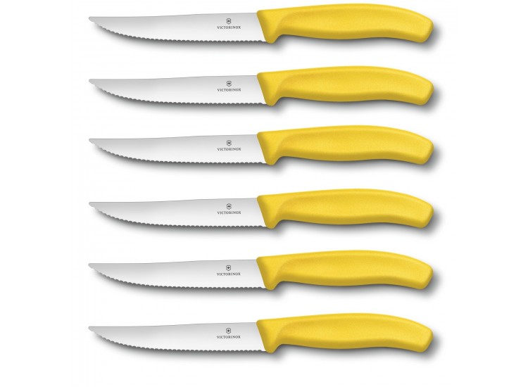 6 Couteaux &agrave; steak Victorinox lame crant&eacute;e 12cm manche jaune