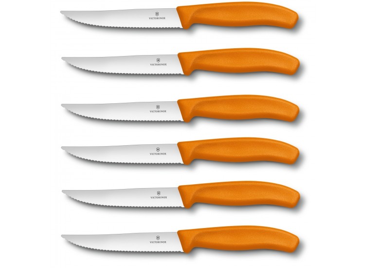 6 Couteaux &agrave; steak Victorinox lame crant&eacute;e 12cm manche orange