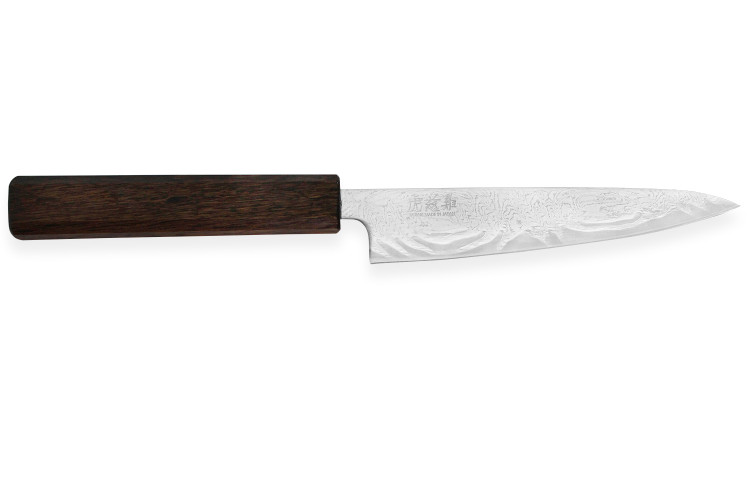 Couteau universel japonais artisanal Wusaki Unagi AUS10 damas 14cm manche ch&ecirc;ne