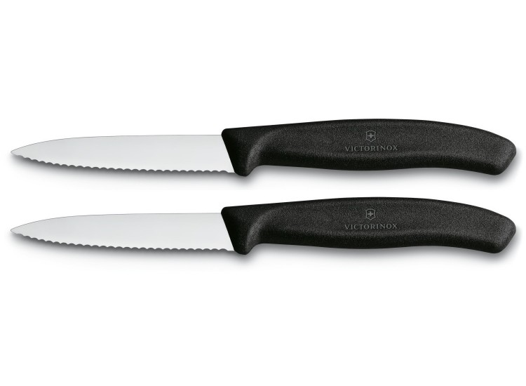 2 Couteaux d'office Victorinox lame &agrave; dents 8cm pointe milieu manche noir