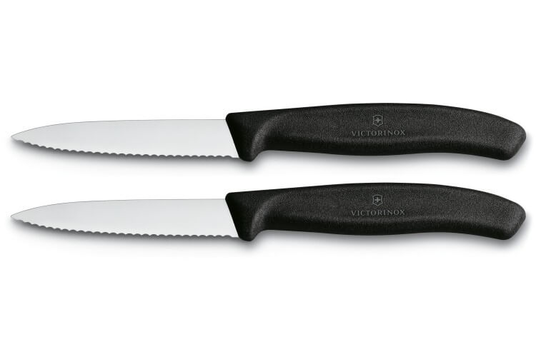 2 Couteaux d'office Victorinox lame à dents 8cm pointe milieu manche noir