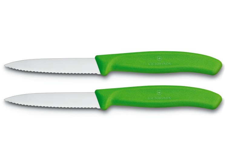 2 Couteaux d'office Victorinox lame &agrave; dents 8cm pointe milieu manche vert