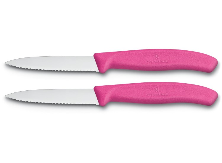 2 Couteaux d'office Victorinox lame &agrave; dents 8cm pointe milieu manche rose